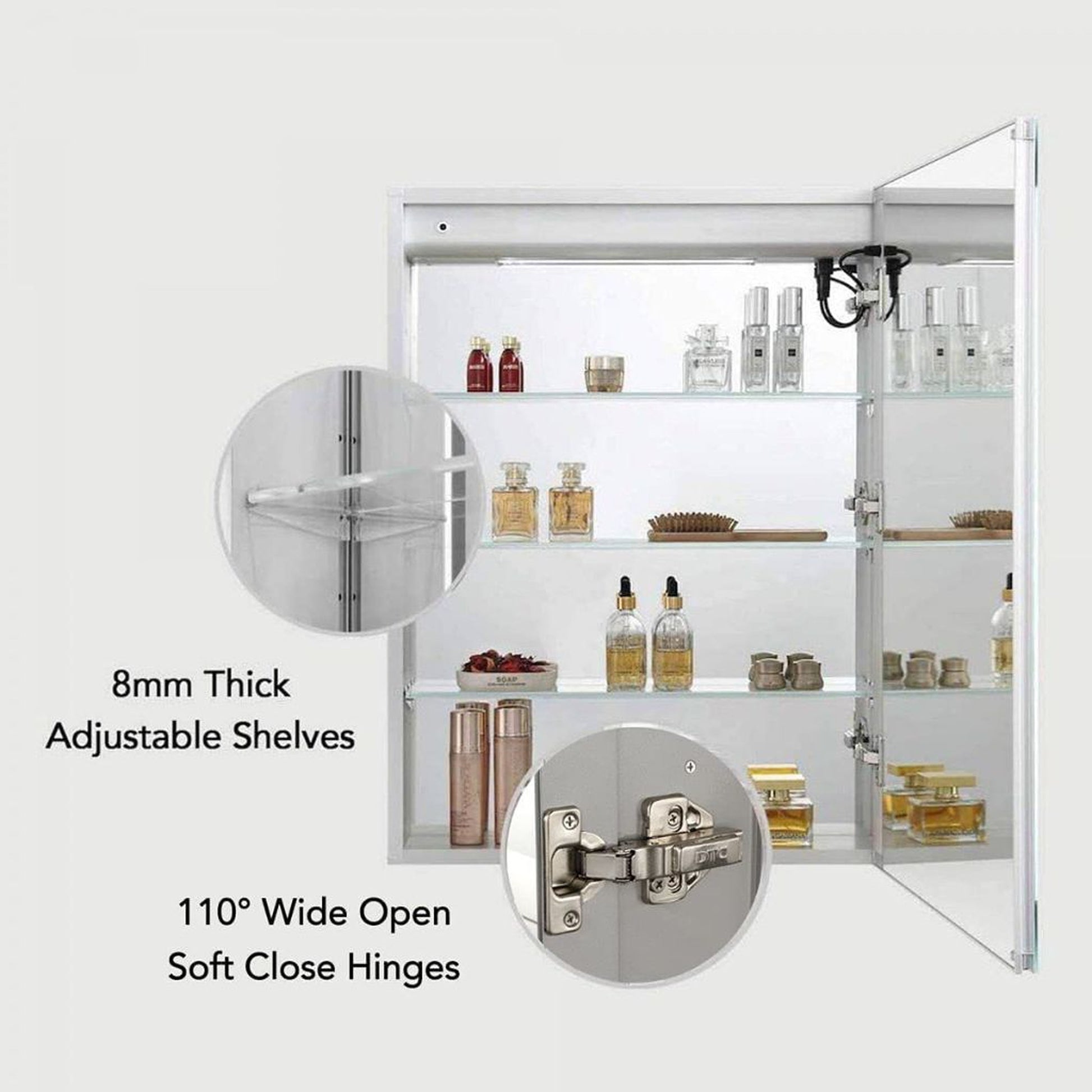 Blossom Vega 20" x 32" Recessed or Surface Mount Right-Hinged Door LED Mirror Medicine Cabinet With 3 Adjustable Glass Shelves and Built-In Defogger