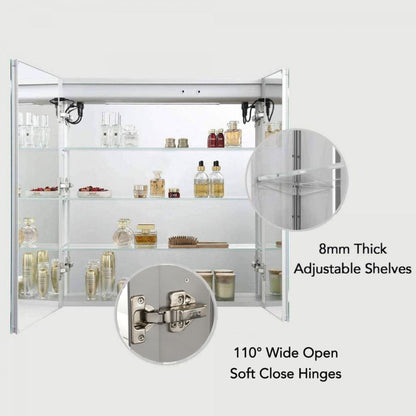 Blossom Vega 30" x 32" Recessed or Surface Mount 2-Door LED Mirror Medicine Cabinet With 3 Adjustable Glass Shelves and Built-In Defogger