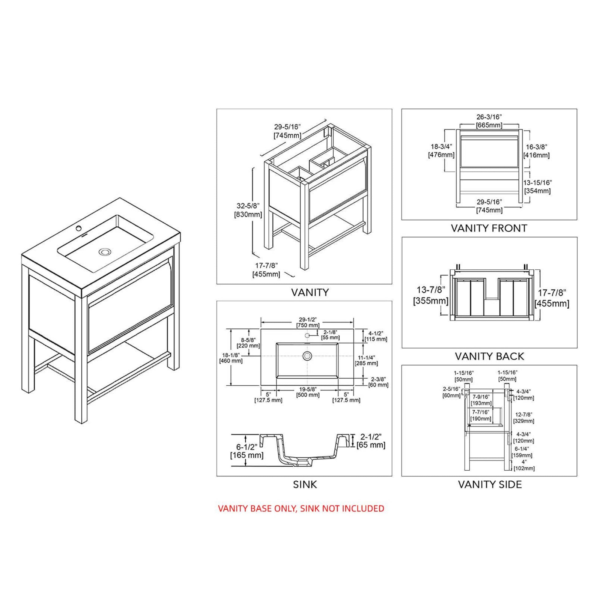 Blossom Vienna 30" 1-Drawer Matte White Freestanding Vanity Base