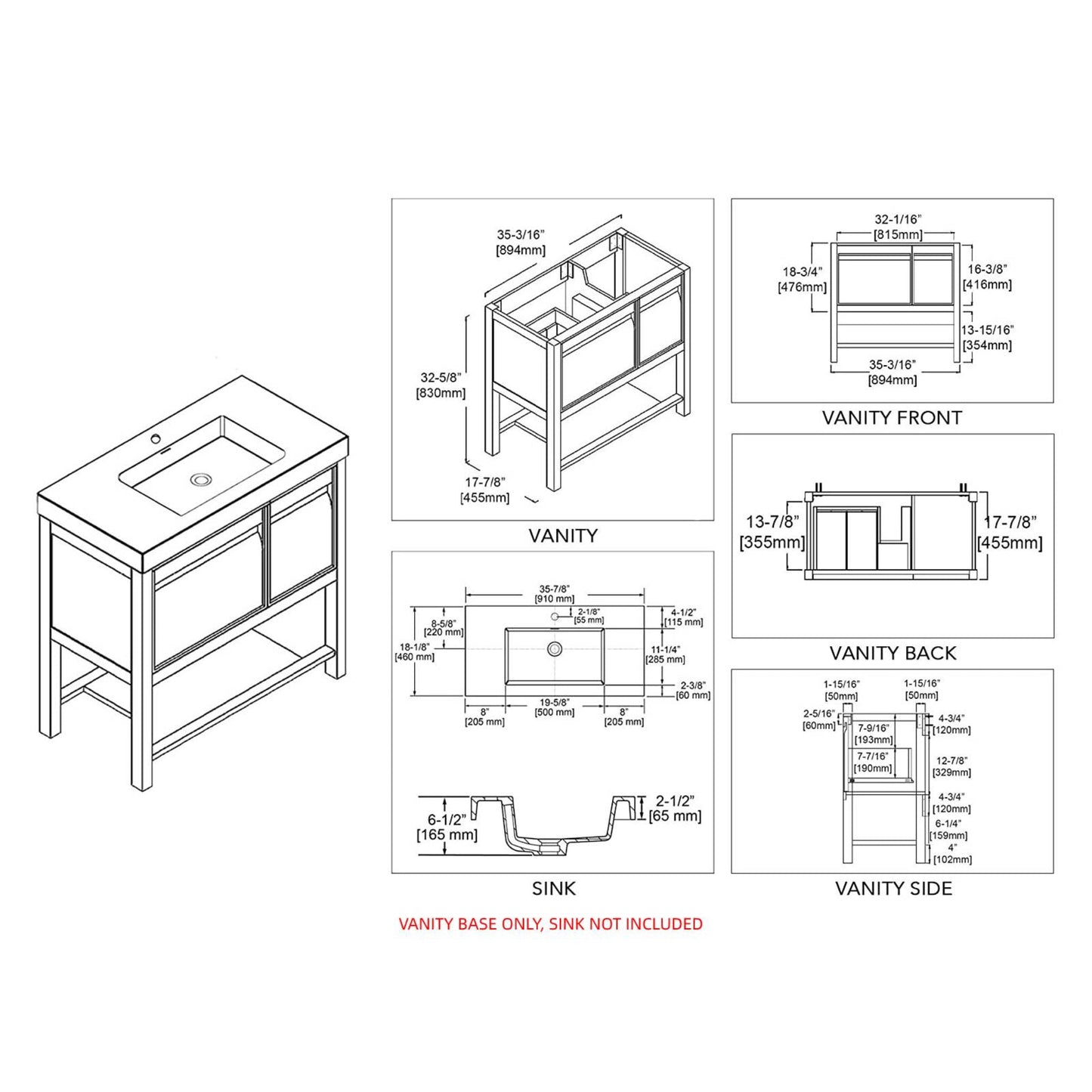 Blossom Vienna 36" 1-Door 1-Drawer Matte White Freestanding Vanity Base