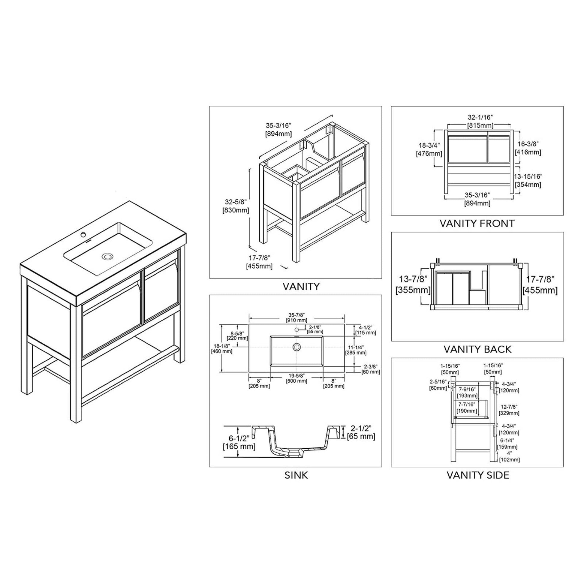 Blossom Vienna 36" 1-Door 1-Drawer Matte White Freestanding Vanity Set With Acrylic Drop-In Single Sink