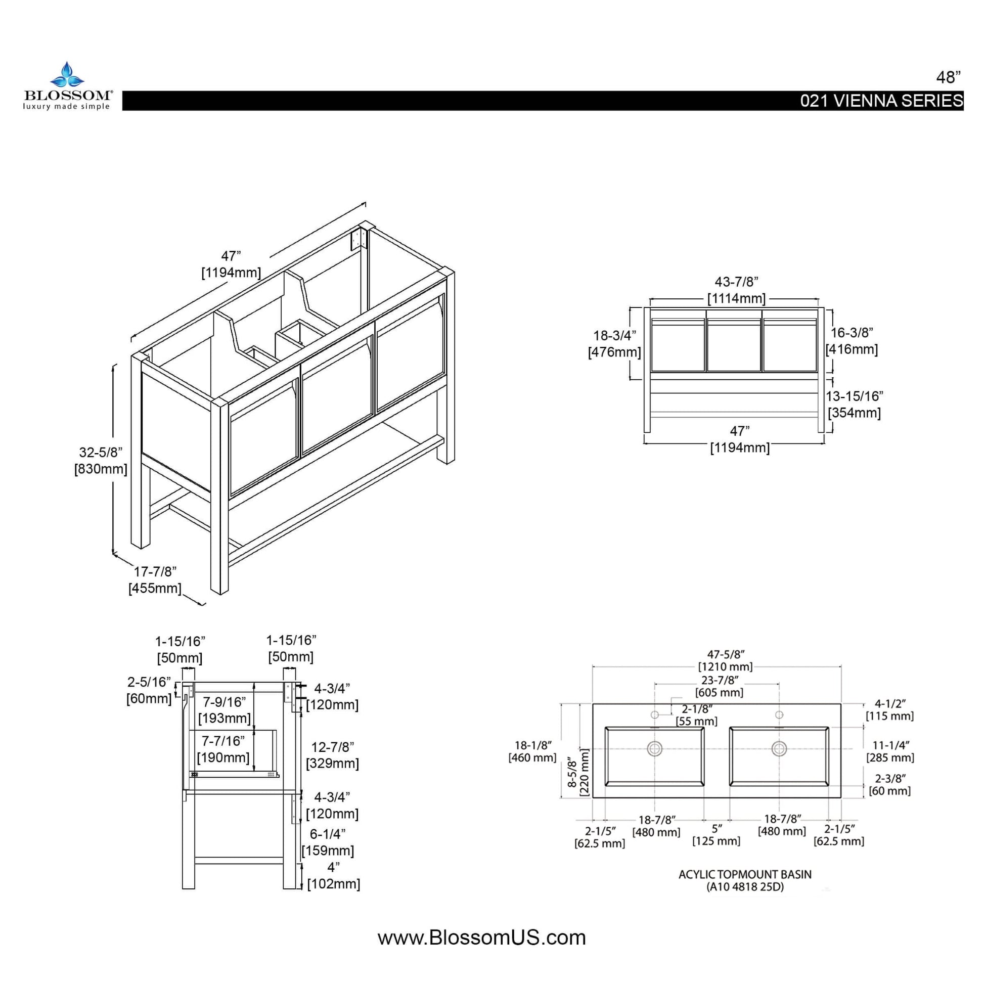 Blossom Vienna 48" 3-Drawer Matte Gray Freestanding Vanity Set With Acrylic Drop-In Double Sinks