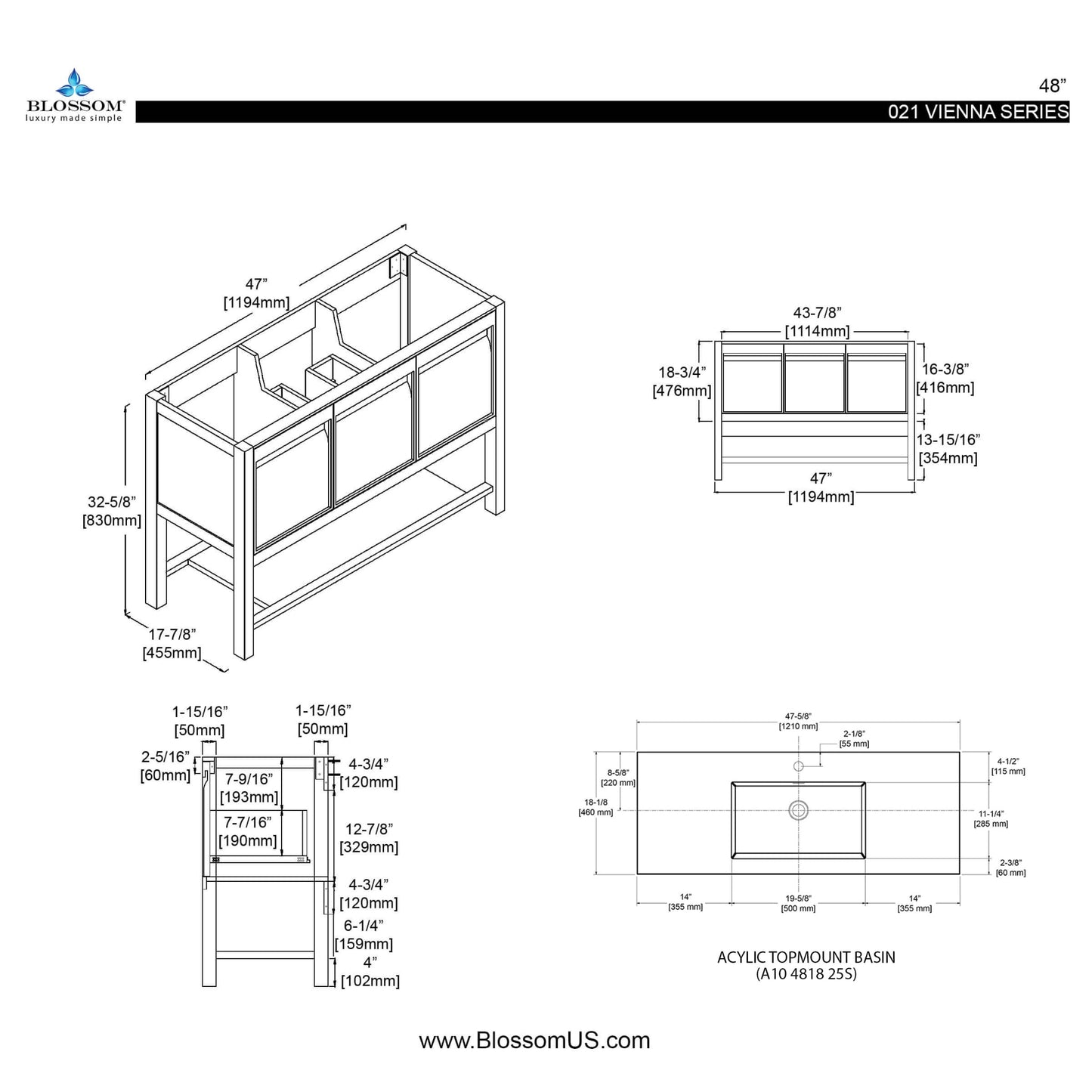 Blossom Vienna 48" 3-Drawer Matte White Freestanding Vanity Set With Acrylic Drop-In Single Sink