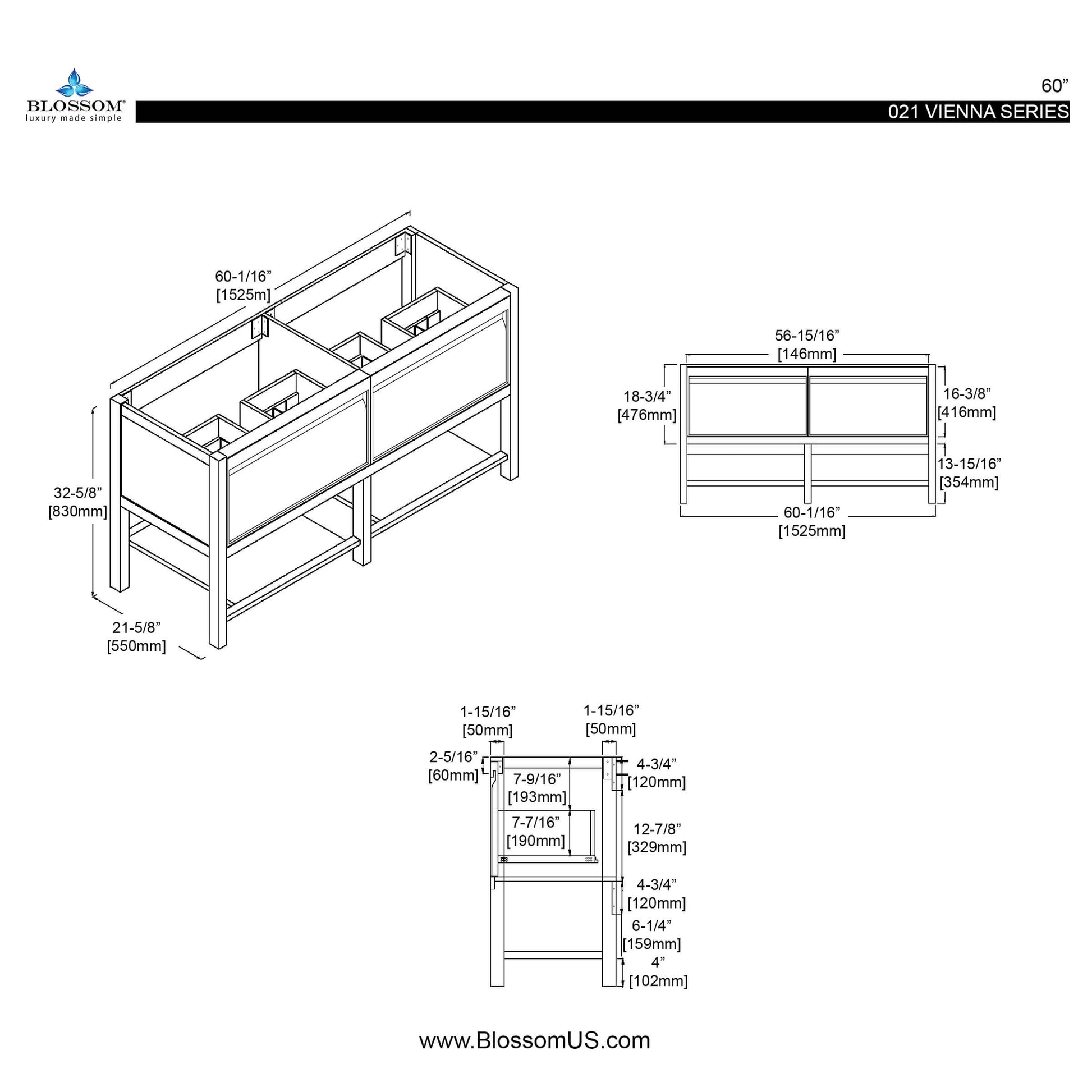 Blossom Vienna 60" 2-Drawer Matte White Freestanding Vanity Base