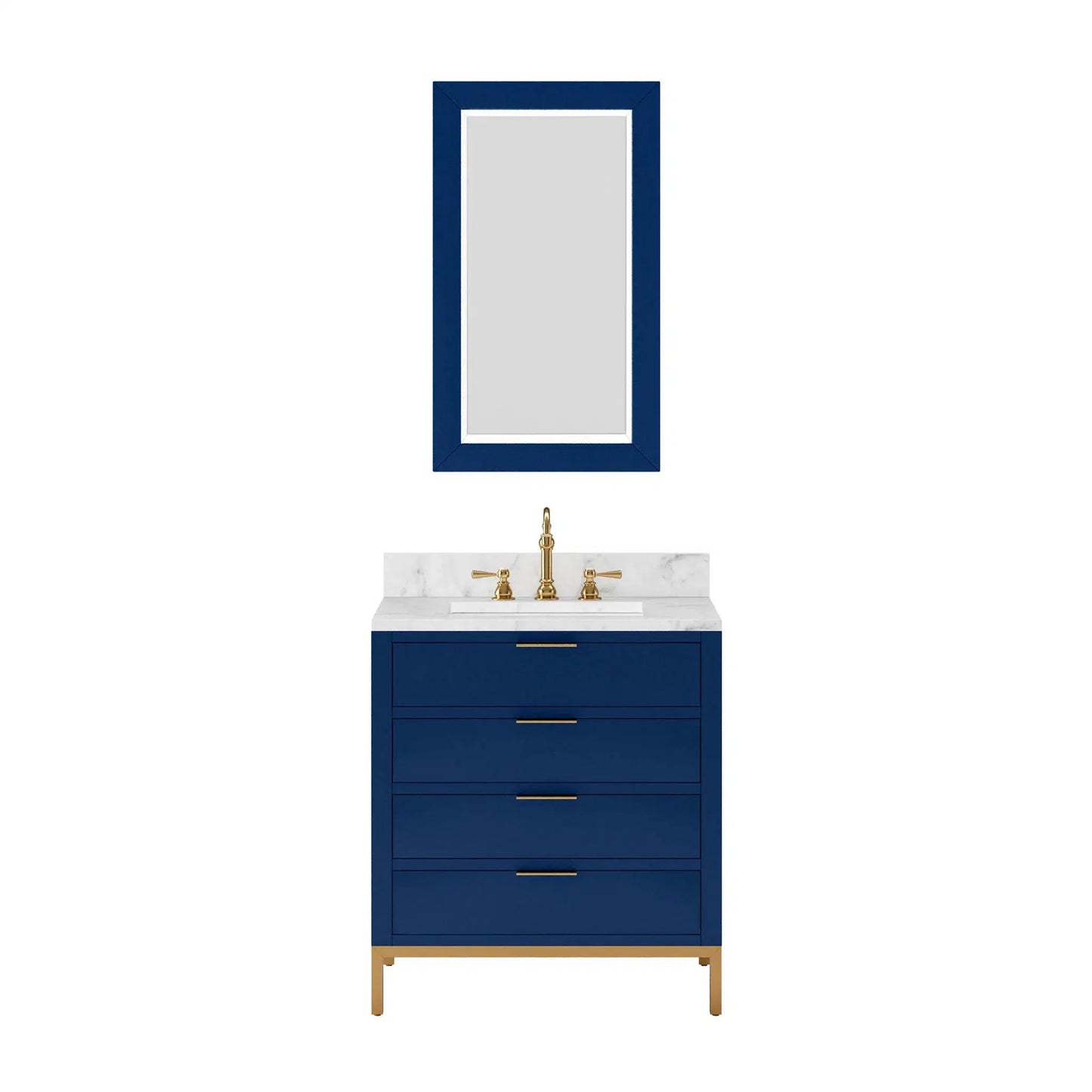 Bristol 30 In. Single Sink Carrara White Marble Countertop Bath Vanity in Monarch Blue with Rectangular Mirror (S)