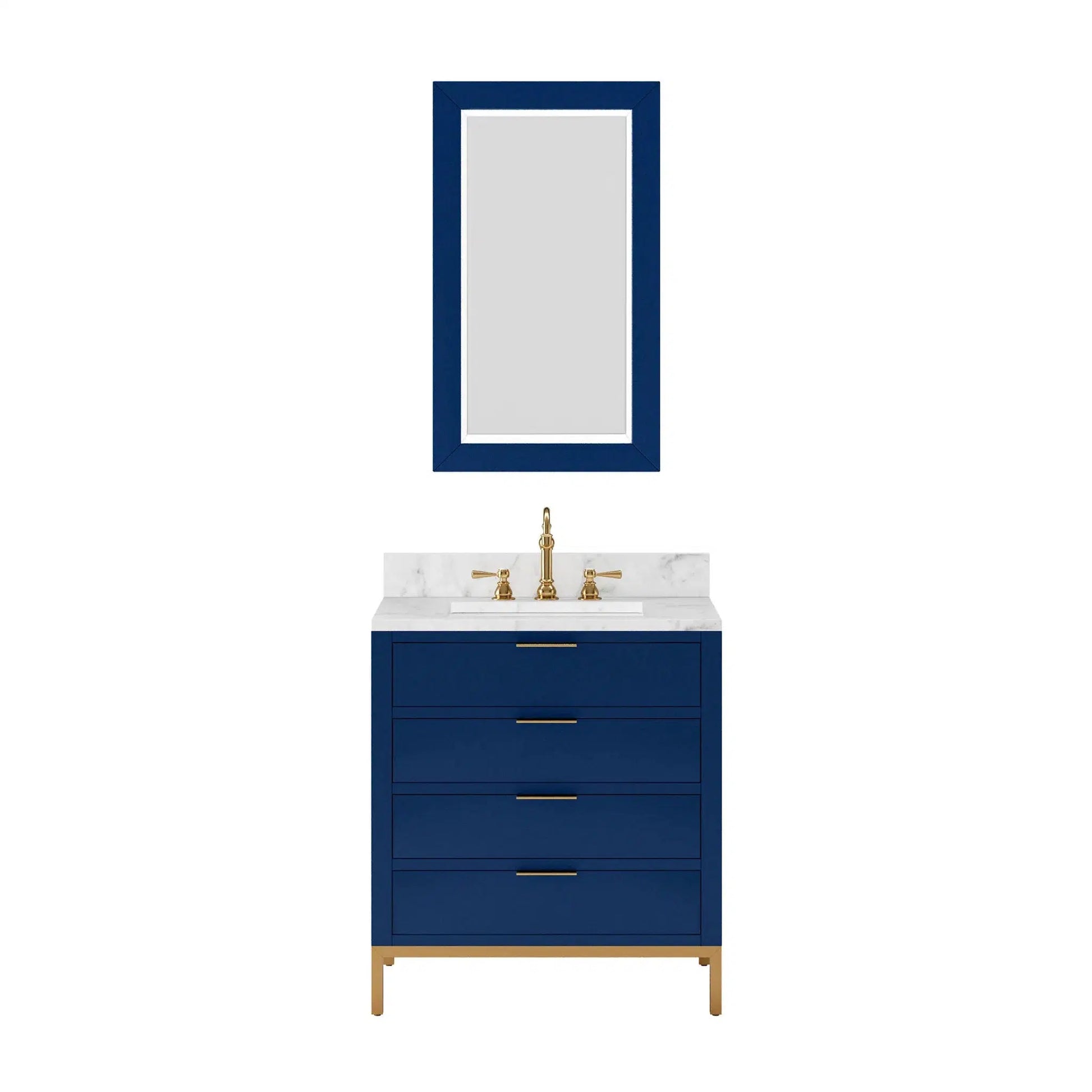 Bristol 30 In. Single Sink Carrara White Marble Countertop Bath Vanity in Monarch Blue with Rectangular Mirror (S)