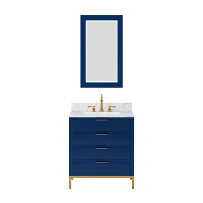 Bristol 30 In. Single Sink Carrara White Marble Countertop Bath Vanity in Monarch Blue with Rectangular Mirror (S)