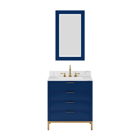 Bristol 30 In. Single Sink Carrara White Marble Countertop Bath Vanity in Monarch Blue with Rectangular Mirror (S)
