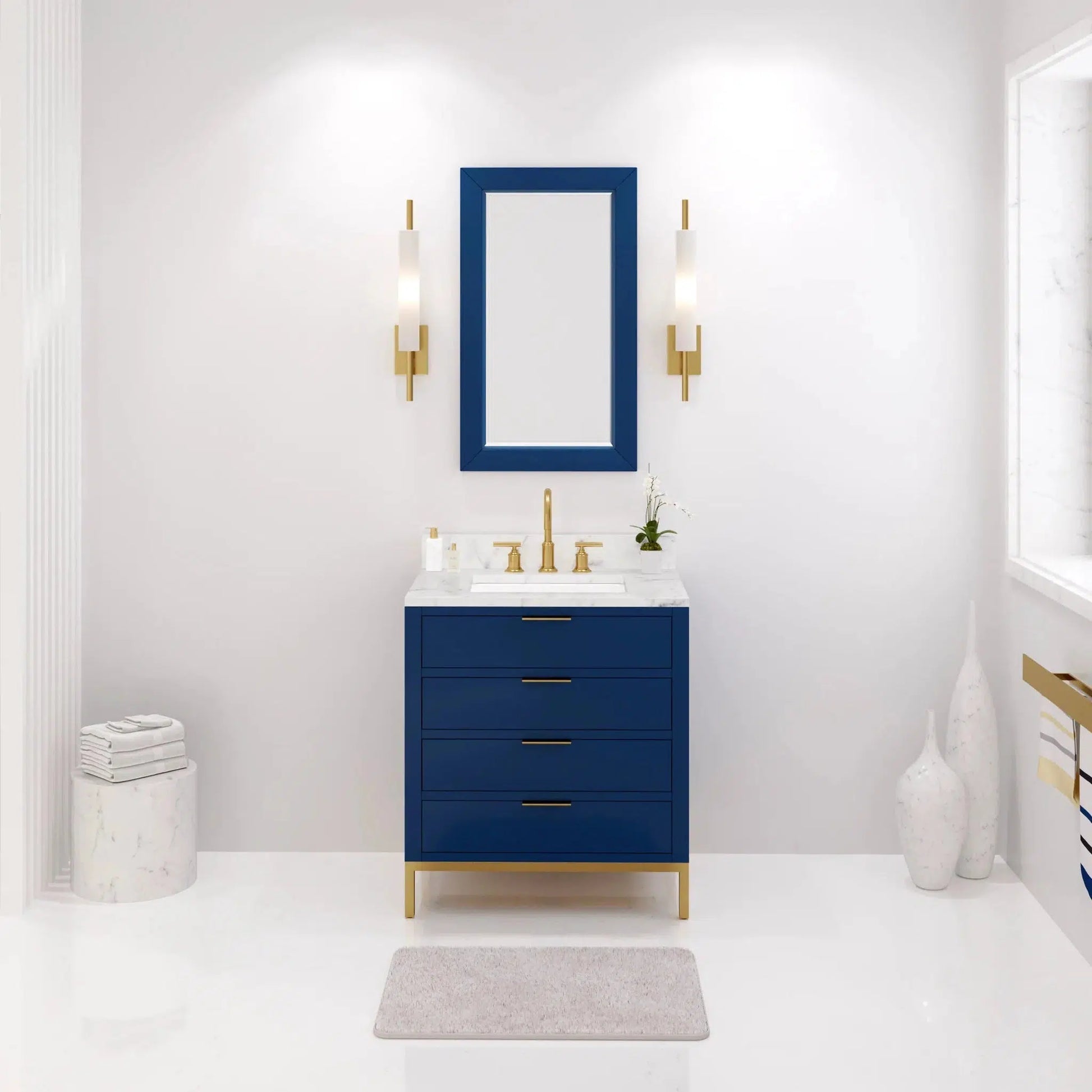 Bristol 30 In. Single Sink Carrara White Marble Countertop Bath Vanity in Monarch Blue with Satin Gold Gooseneck Faucet