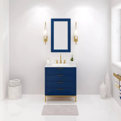 Bristol 30 In. Single Sink Carrara White Marble Countertop Bath Vanity in Monarch Blue with Satin Gold Gooseneck Faucet