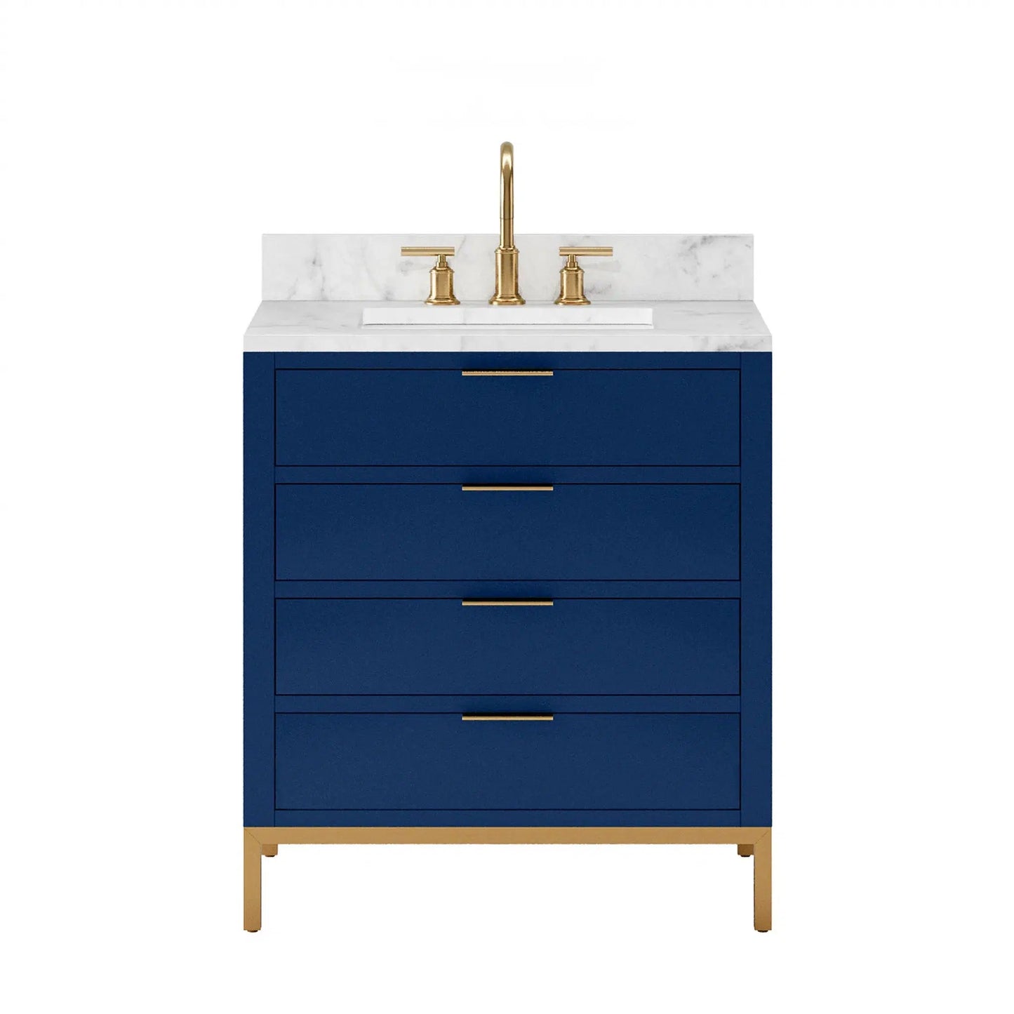 Bristol 30 In. Single Sink Carrara White Marble Countertop Bath Vanity in Monarch Blue with Satin Gold Gooseneck Faucet