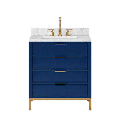 Bristol 30 In. Single Sink Carrara White Marble Countertop Bath Vanity in Monarch Blue with Satin Gold Gooseneck Faucet