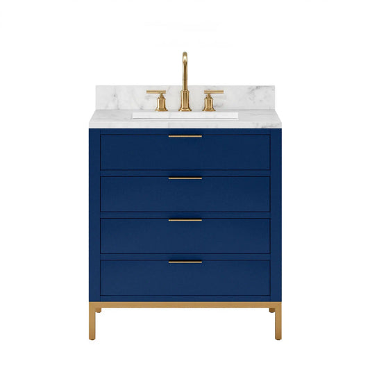Bristol 30 In. Single Sink Carrara White Marble Countertop Bath Vanity in Monarch Blue with Satin Gold Gooseneck Faucet