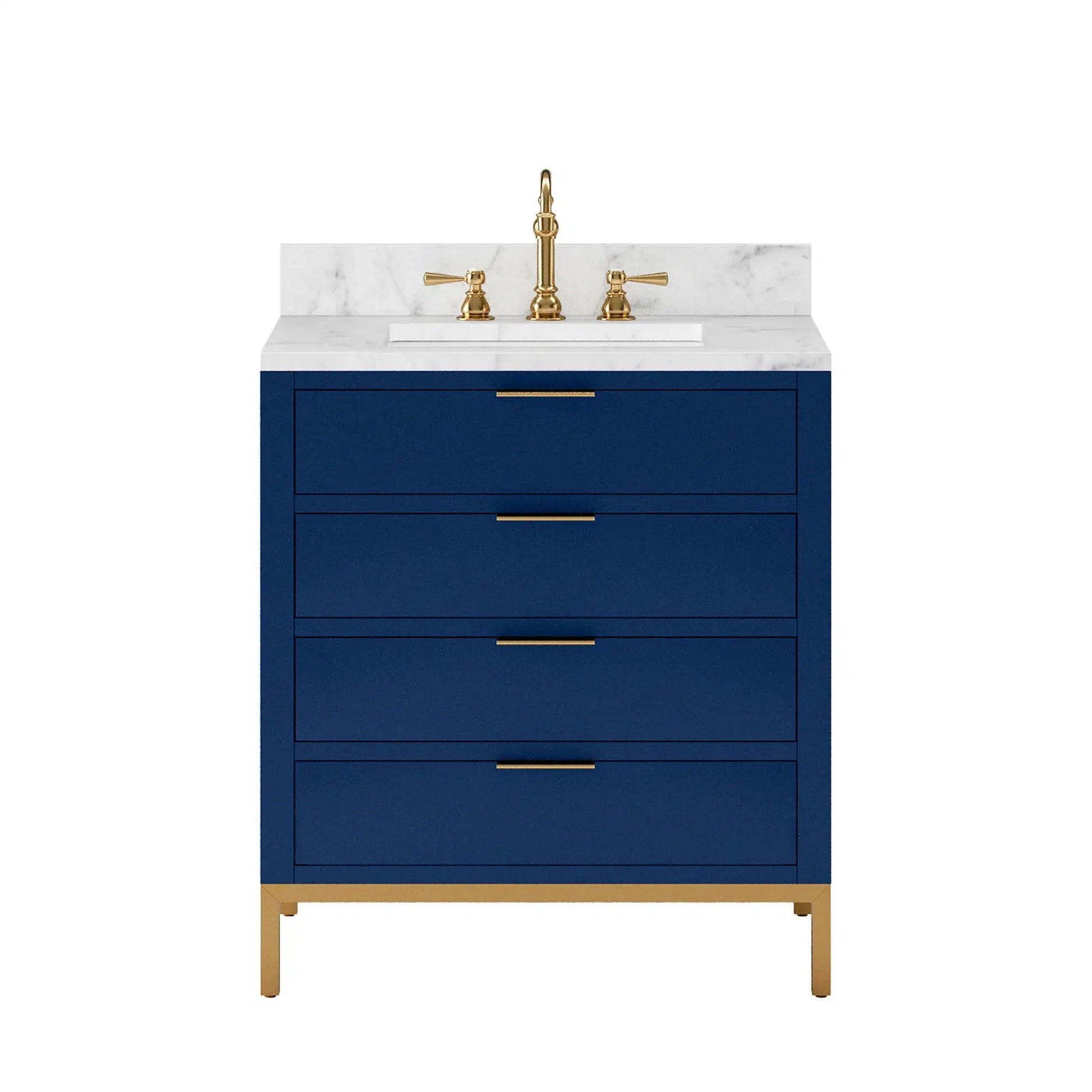 Bristol 30 In. Single Sink Carrara White Marble Countertop Bath Vanity in Monarch Blue with Satin Gold Hook Faucet