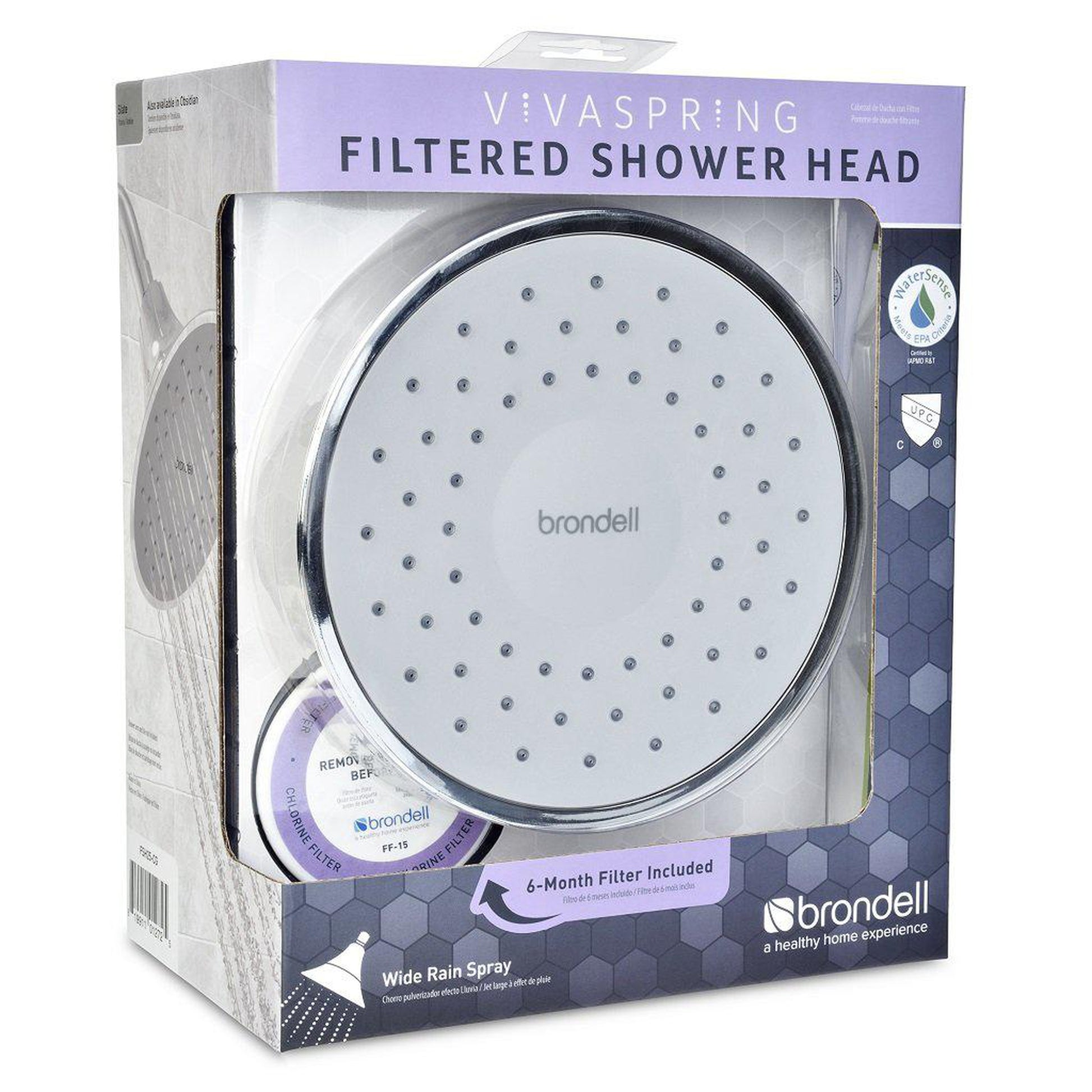 VivaSpring Filtered Shower Head, Chrome Finish with Obsidian face and Wide  Rain Spray, for softer skin and hair, 6 month filter FF-15