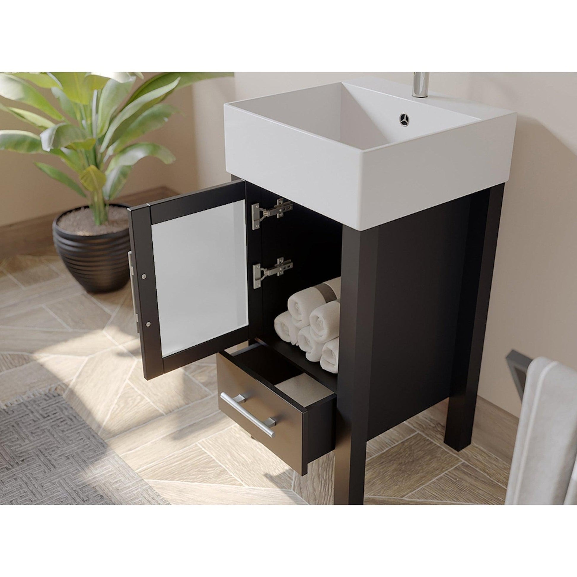 Cambridge Plumbing 18" Black Espresso Wood Single Vanity Set With Porcelain Countertop And Square Vessel Sink With Faucet Hole And Brushed Nickel Plumbing Finish