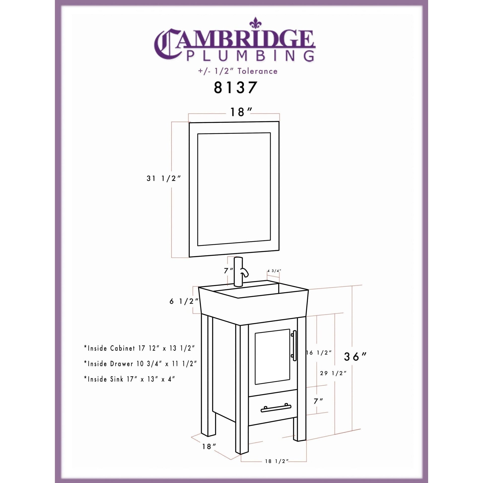Cambridge Plumbing 18" Black Espresso Wood Single Vanity Set With Porcelain Countertop And Square Vessel Sink With Faucet Hole And Brushed Nickel Plumbing Finish