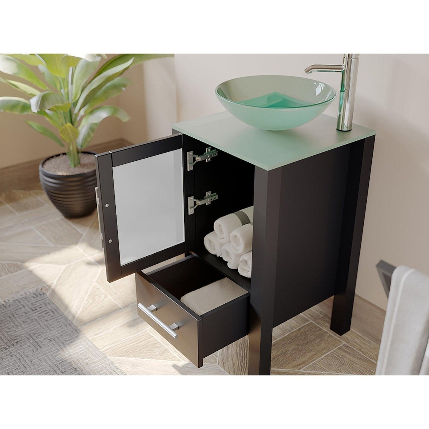 Cambridge Plumbing 18" Black Espresso Wood Single Vanity Set With Tempered Glass Countertop And Circular Vessel Sink With Brushed Nickel Plumbing Finish