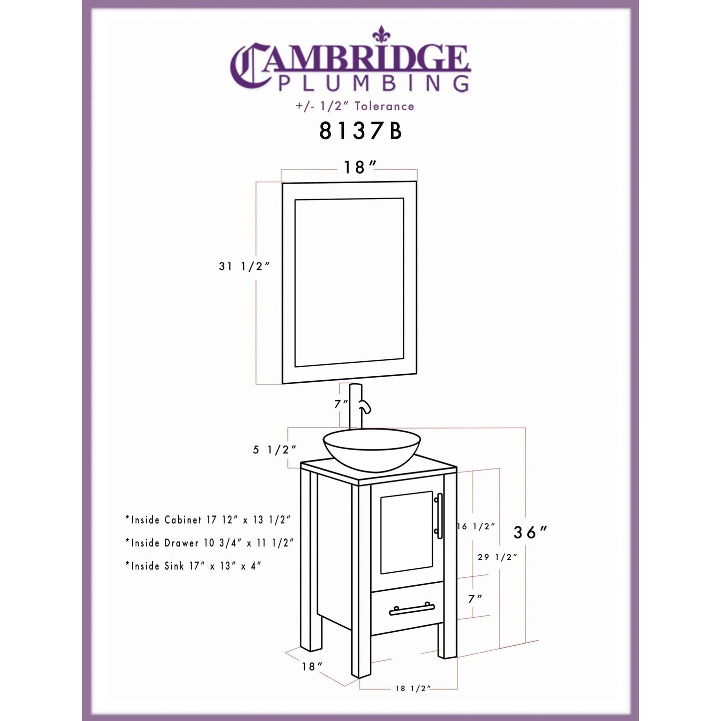 Cambridge Plumbing 18" Black Espresso Wood Single Vanity Set With Tempered Glass Countertop And Circular Vessel Sink With Brushed Nickel Plumbing Finish