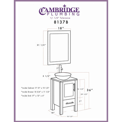 Cambridge Plumbing 18" Black Espresso Wood Single Vanity Set With Tempered Glass Countertop And Circular Vessel Sink With Polished Chrome Plumbing Finish