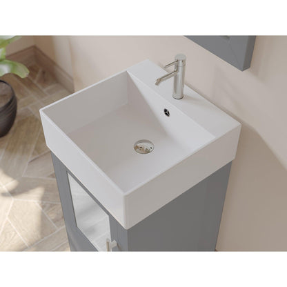 Cambridge Plumbing 18" Gray Wood Single Vanity Set With Porcelain Countertop And Square Vessel Sink With Faucet Hole And Brushed Nickel Plumbing Finish
