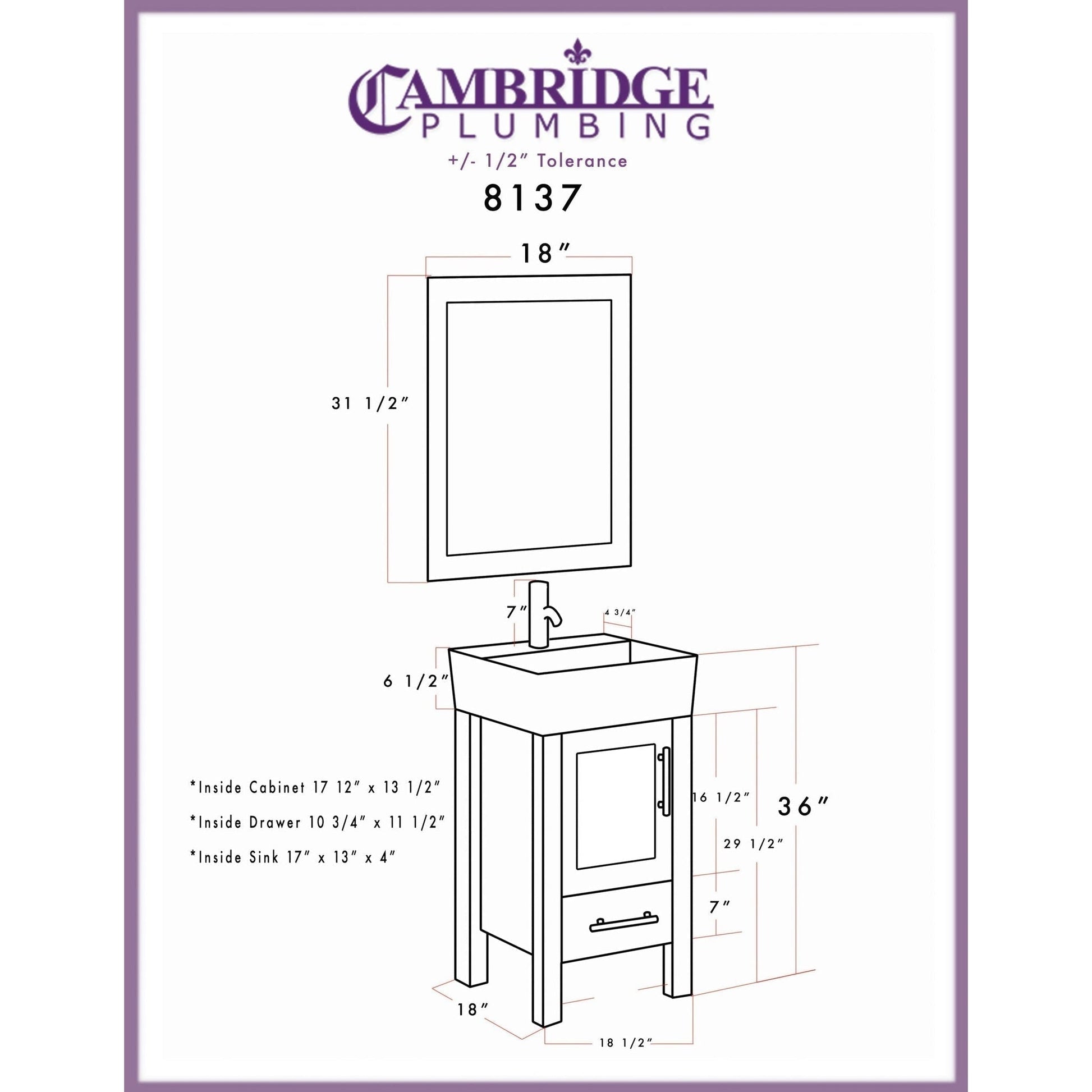 Cambridge Plumbing 18" Gray Wood Single Vanity Set With Porcelain Countertop And Square Vessel Sink With Faucet Hole And Brushed Nickel Plumbing Finish