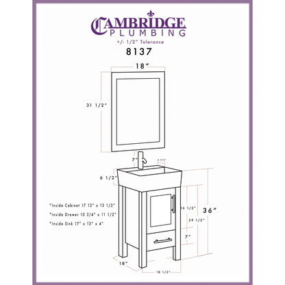 Cambridge Plumbing 18" Gray Wood Single Vanity Set With Porcelain Countertop And Square Vessel Sink With Faucet Hole And Brushed Nickel Plumbing Finish