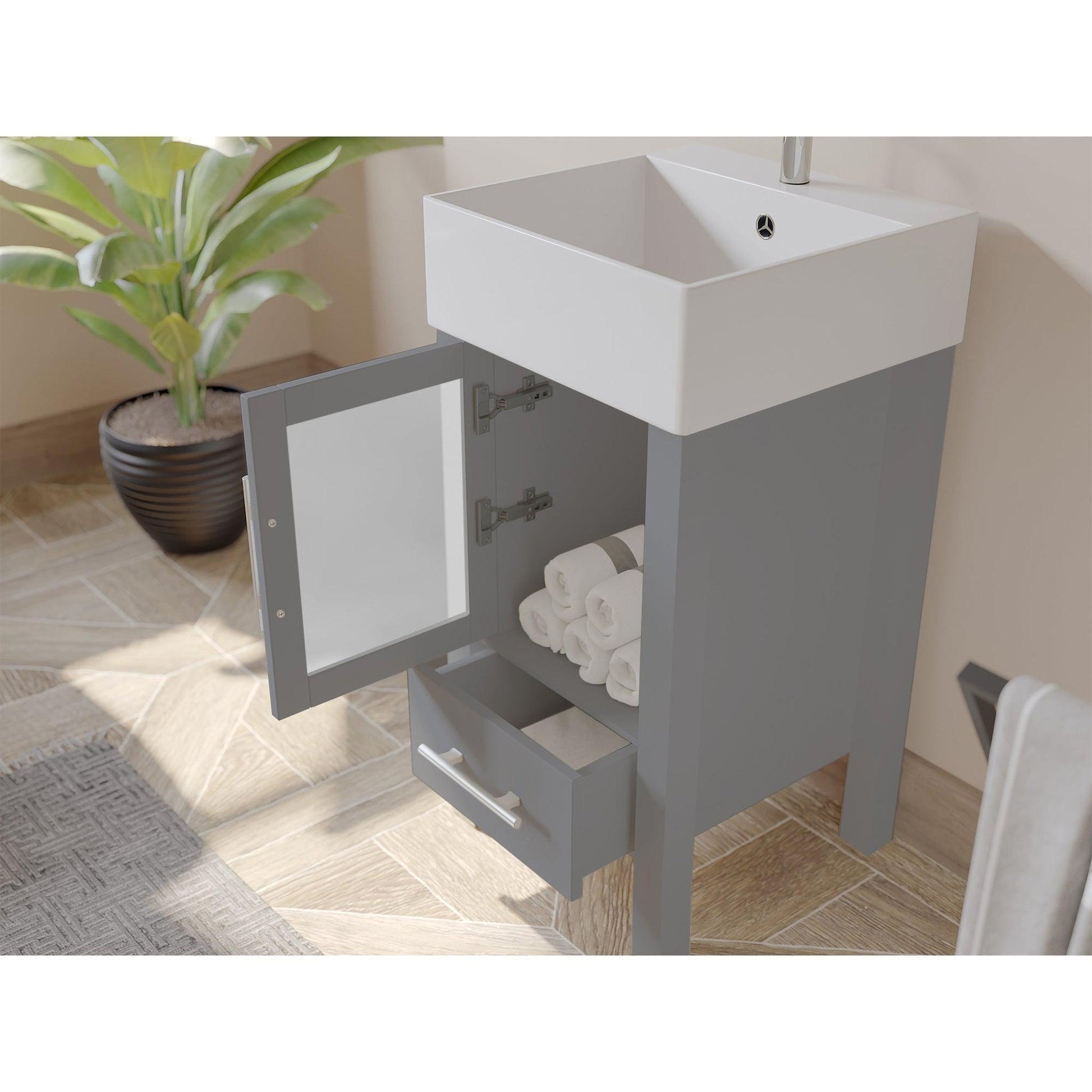 Cambridge Plumbing 18" Gray Wood Single Vanity Set With Porcelain Countertop And Square Vessel Sink With Faucet Hole And Polished Chrome Plumbing Finish