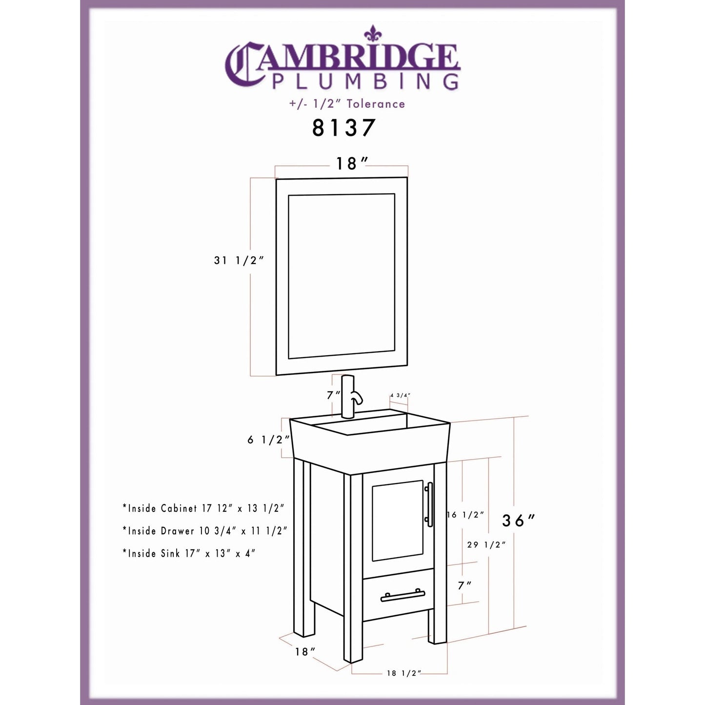 Cambridge Plumbing 18" Gray Wood Single Vanity Set With Porcelain Countertop And Square Vessel Sink With Faucet Hole And Polished Chrome Plumbing Finish