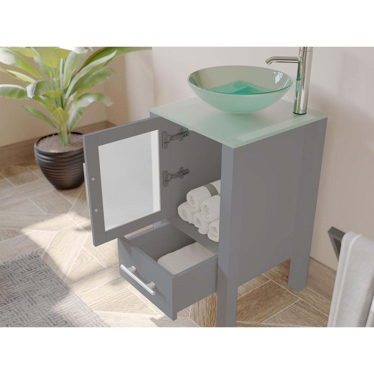 Cambridge Plumbing 18" Gray Wood Single Vanity Set With Tempered Glass Countertop And Circular Vessel Sink With Brushed Nickel Plumbing Finish
