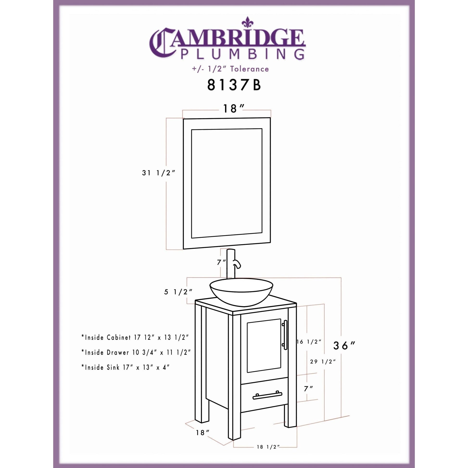 Cambridge Plumbing 18" Gray Wood Single Vanity Set With Tempered Glass Countertop And Circular Vessel Sink With Brushed Nickel Plumbing Finish