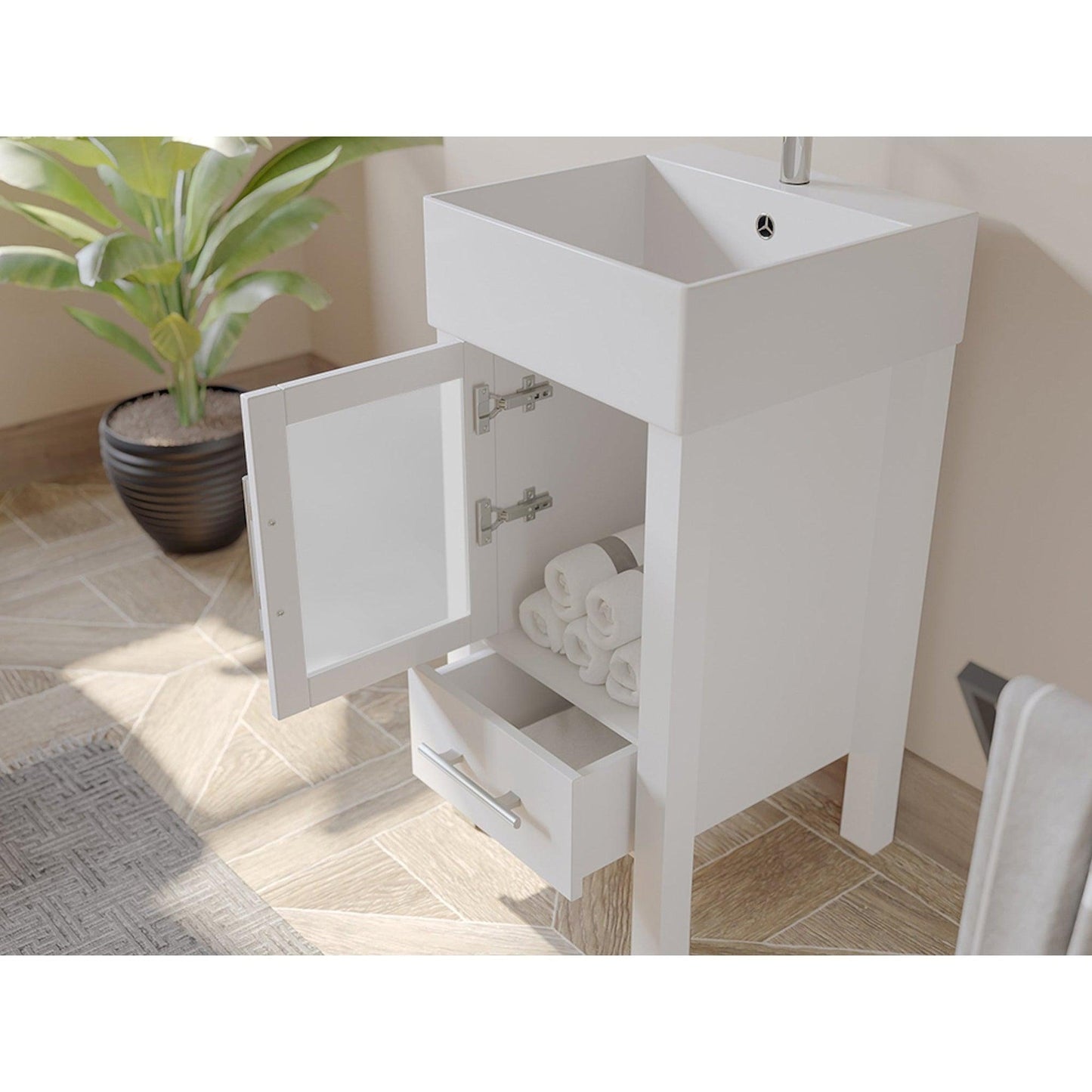 Cambridge Plumbing 18" White Single Wood Vanity Set With Porcelain Countertop And Square Vessel Sink With Faucet Hole And Brushed Nickel Plumbing Finish