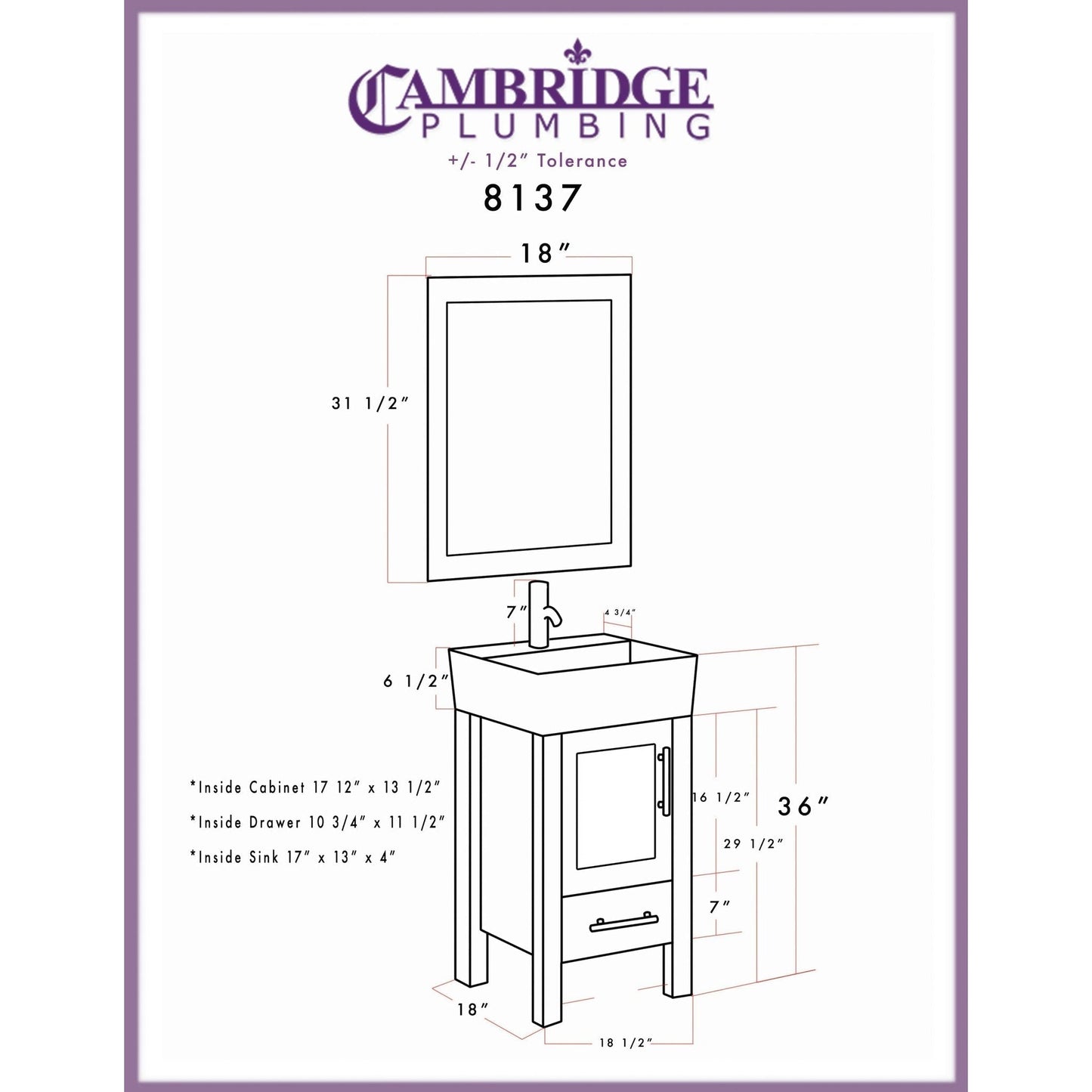 Cambridge Plumbing 18" White Single Wood Vanity Set With Porcelain Countertop And Square Vessel Sink With Faucet Hole And Brushed Nickel Plumbing Finish