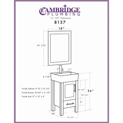 Cambridge Plumbing 18" White Single Wood Vanity Set With Porcelain Countertop And Square Vessel Sink With Faucet Hole And Brushed Nickel Plumbing Finish