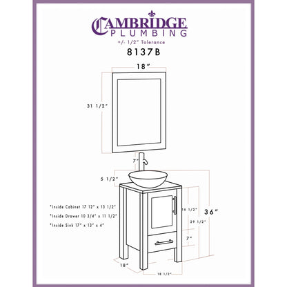 Cambridge Plumbing 18" White Single Wood Vanity Set With Tempered Glass Countertop And Circular Vessel Sink With Brushed Nickel Plumbing Finish