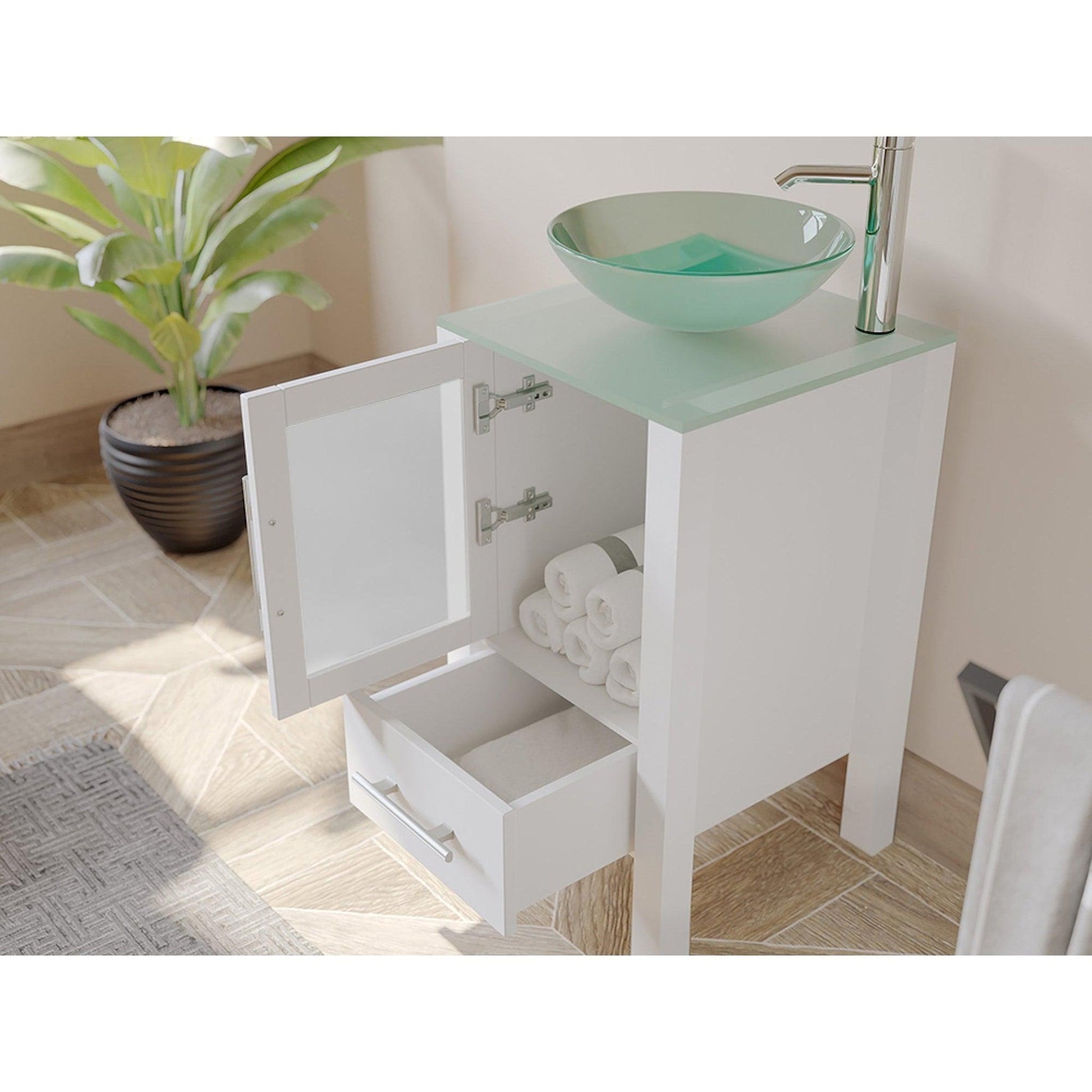 Cambridge Plumbing 18" White Single Wood Vanity Set With Tempered Glass Countertop And Circular Vessel Sink With Polished Chrome Plumbing Finish