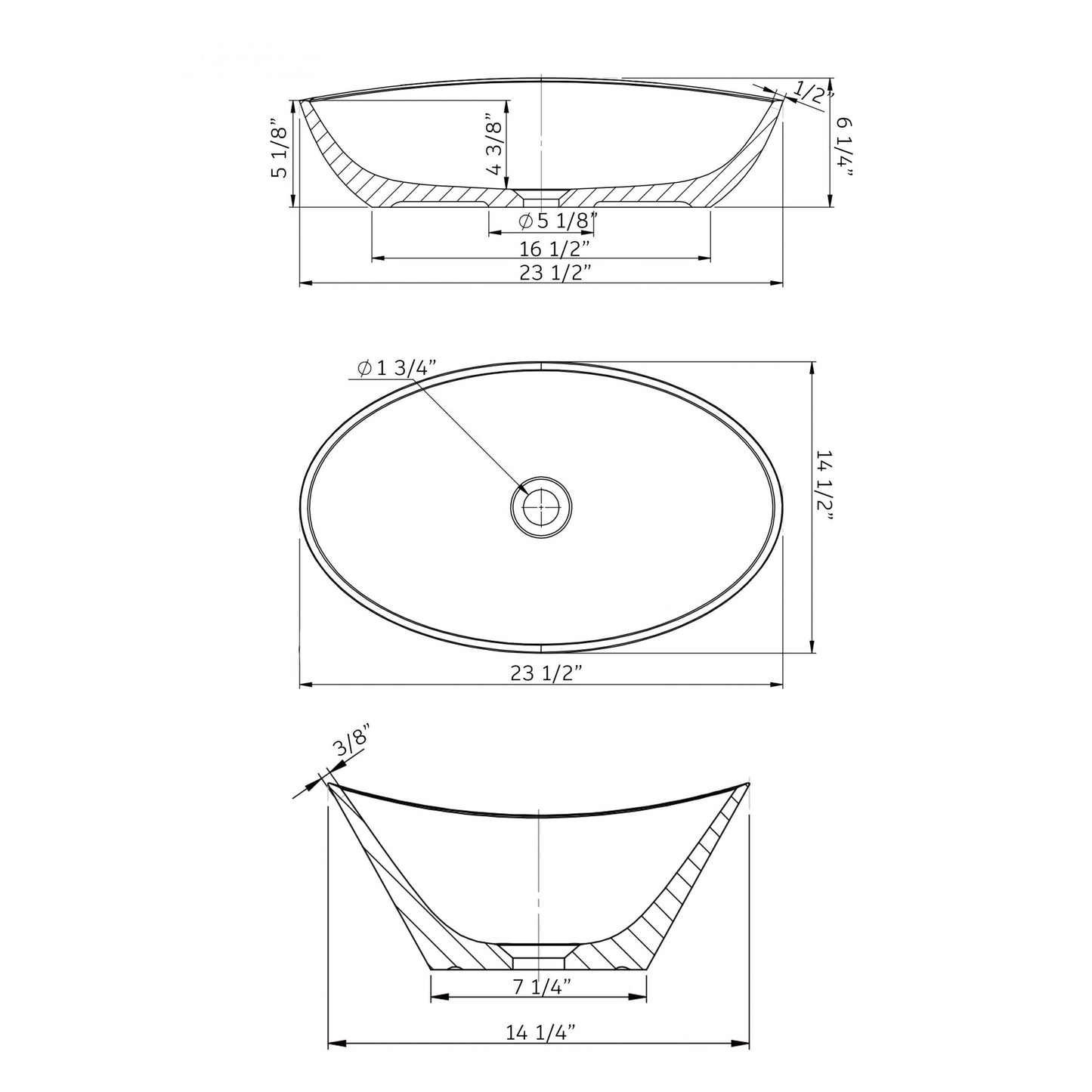 Cambridge Plumbing 24" White Mineral Composite Bathroom Oval Vessel Bathroom Sink