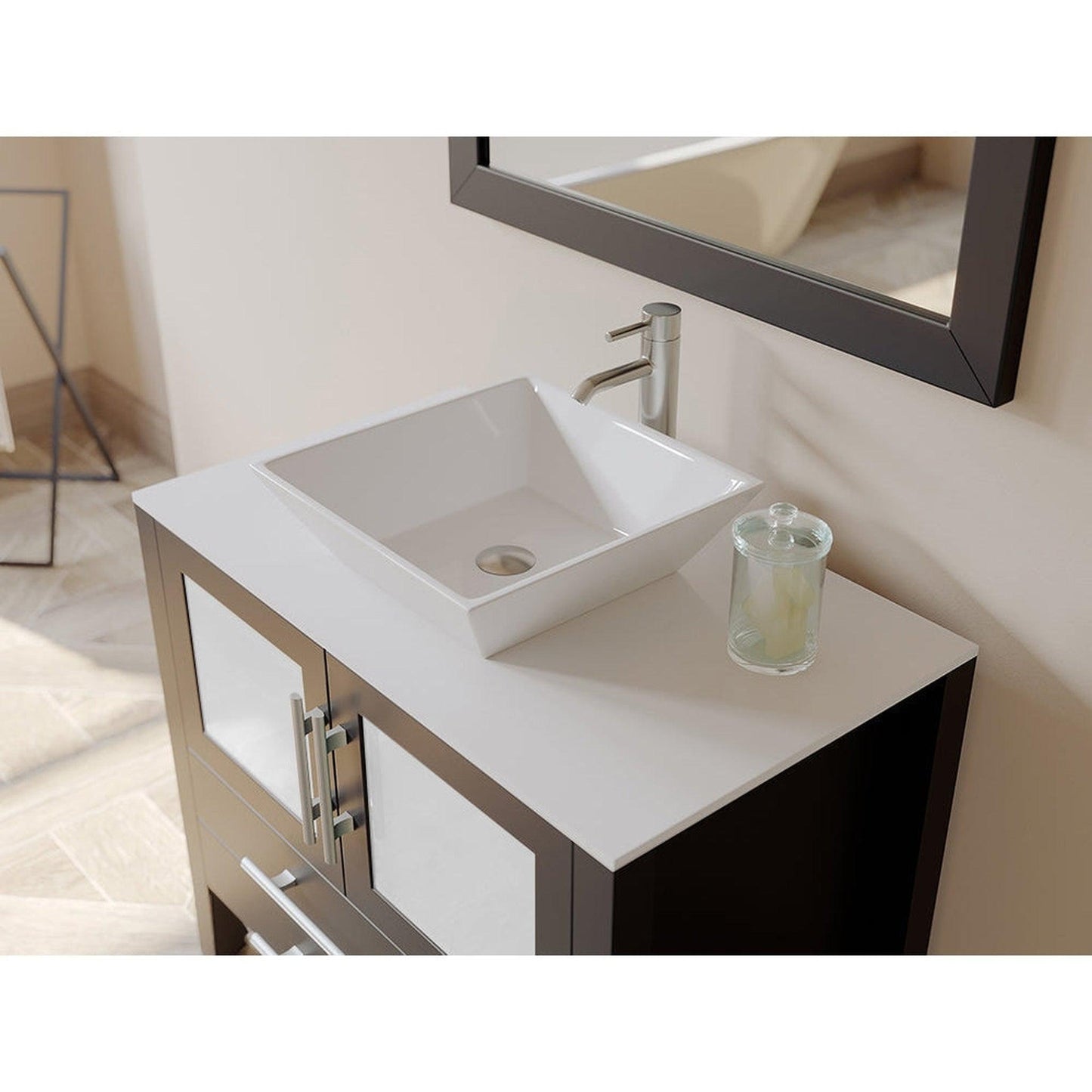 Cambridge Plumbing 36" Black Espresso Wood Single Vanity Set With Porcelain Countertop And Square Vessel Sink With Brushed Nickel Plumbing Finish