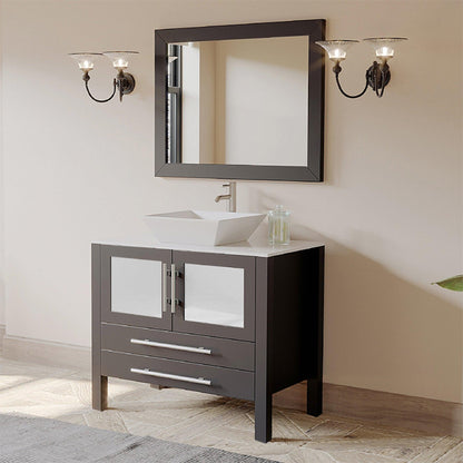 Cambridge Plumbing 36" Black Espresso Wood Single Vanity Set With Porcelain Countertop And Square Vessel Sink With Brushed Nickel Plumbing Finish