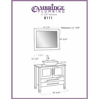 Cambridge Plumbing 36" Black Espresso Wood Single Vanity Set With Porcelain Countertop And Square Vessel Sink With Brushed Nickel Plumbing Finish