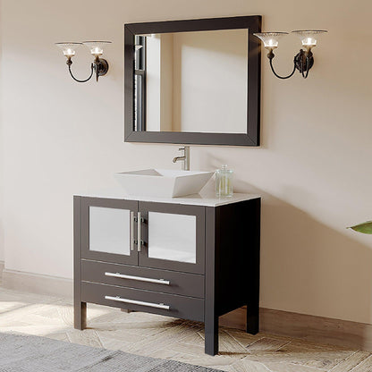 Cambridge Plumbing 36" Black Espresso Wood Single Vanity Set With Porcelain Countertop And Square Vessel Sink With Polished Chrome Plumbing Finish