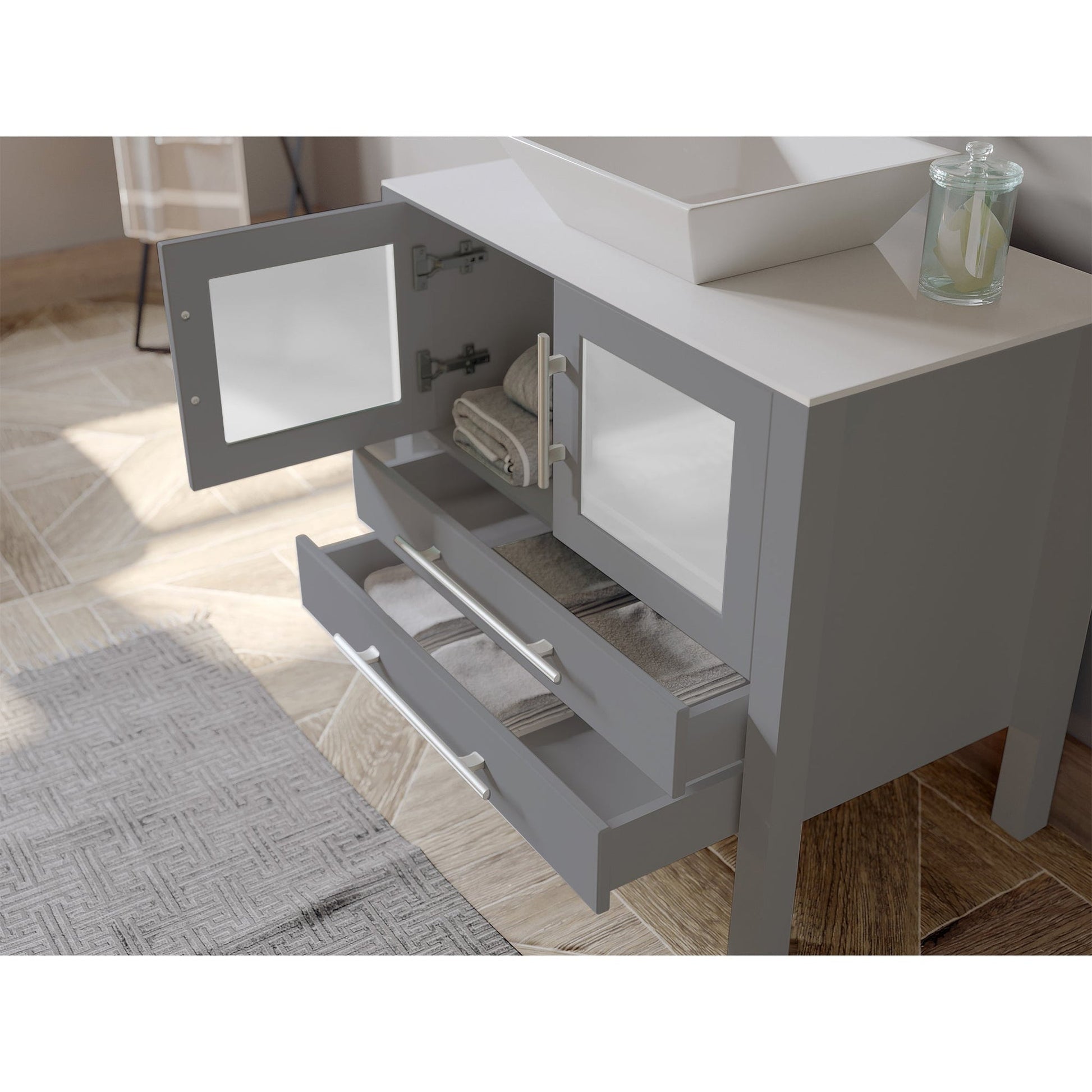 Cambridge Plumbing 36" Gray Wood Single Vanity Set With Porcelain Countertop And Square Vessel Sink With Brushed Nickel Plumbing Finish