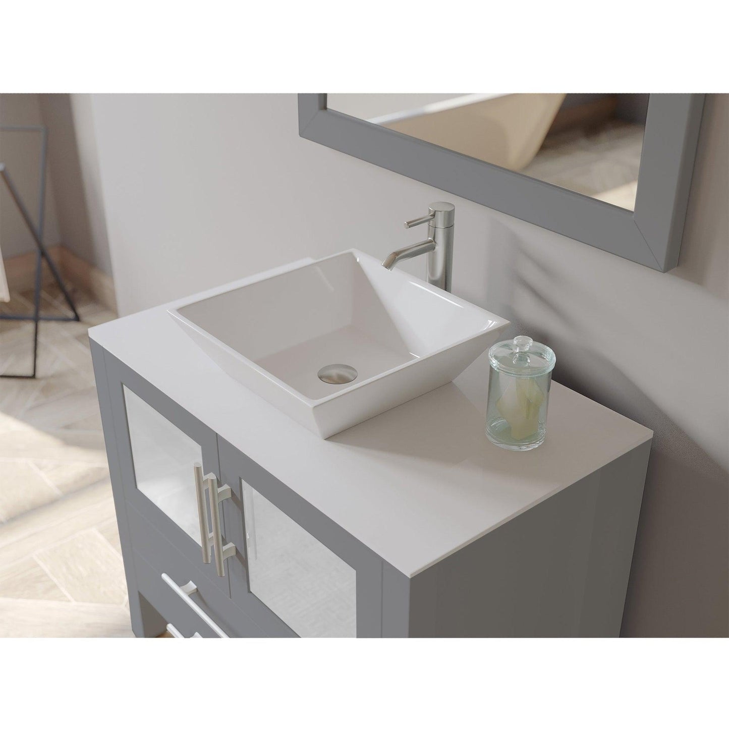 Cambridge Plumbing 36" Gray Wood Single Vanity Set With Porcelain Countertop And Square Vessel Sink With Polished Chrome Plumbing Finish