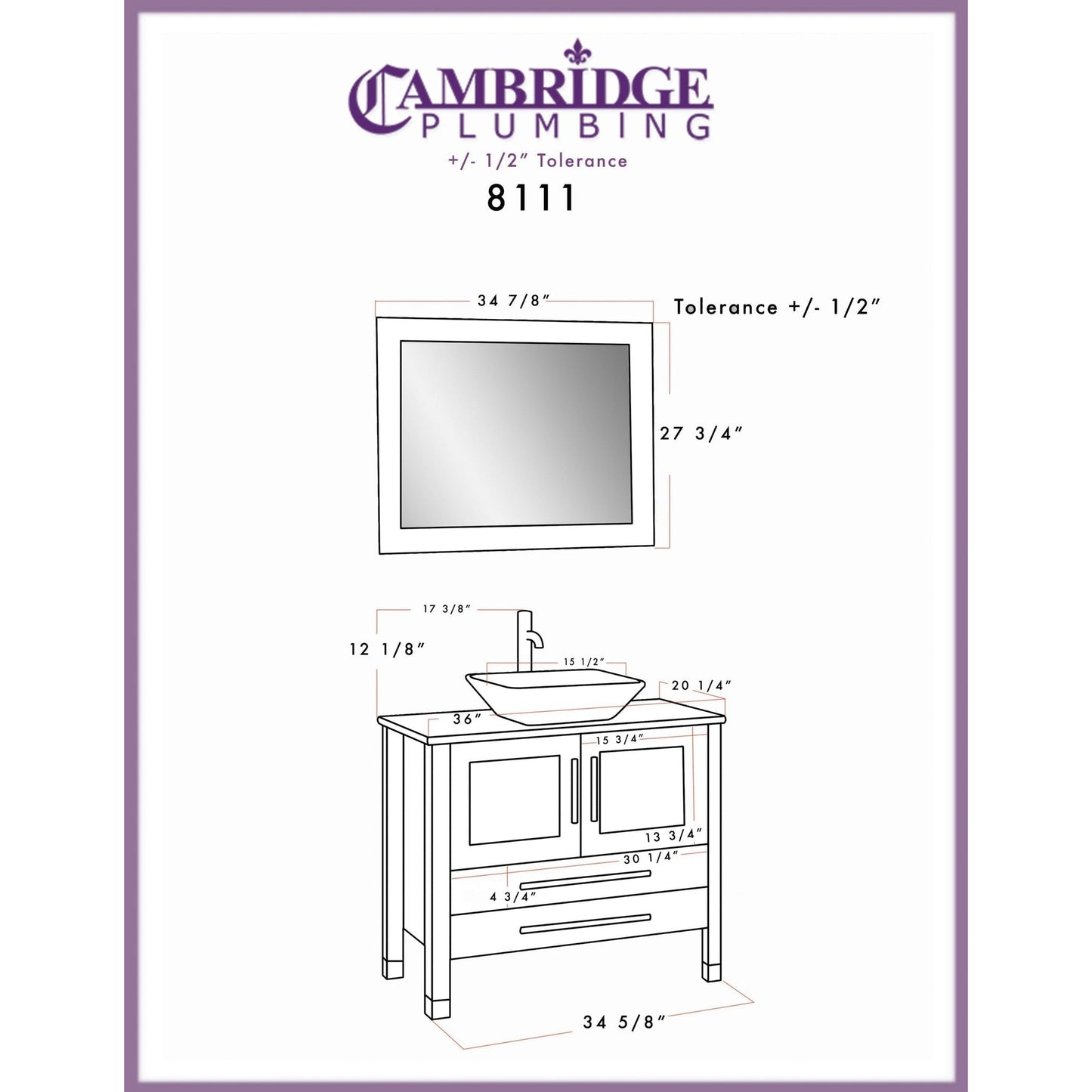 Cambridge Plumbing 36" Gray Wood Single Vanity Set With Porcelain Countertop And Square Vessel Sink With Polished Chrome Plumbing Finish