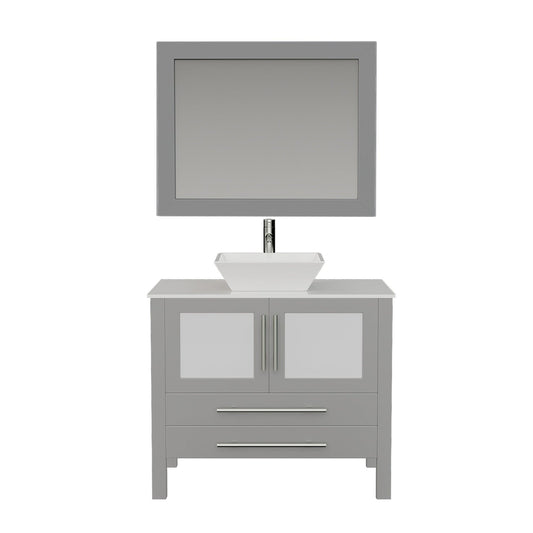 Cambridge Plumbing 36" Gray Wood Single Vanity Set With Porcelain Countertop And Square Vessel Sink With Polished Chrome Plumbing Finish