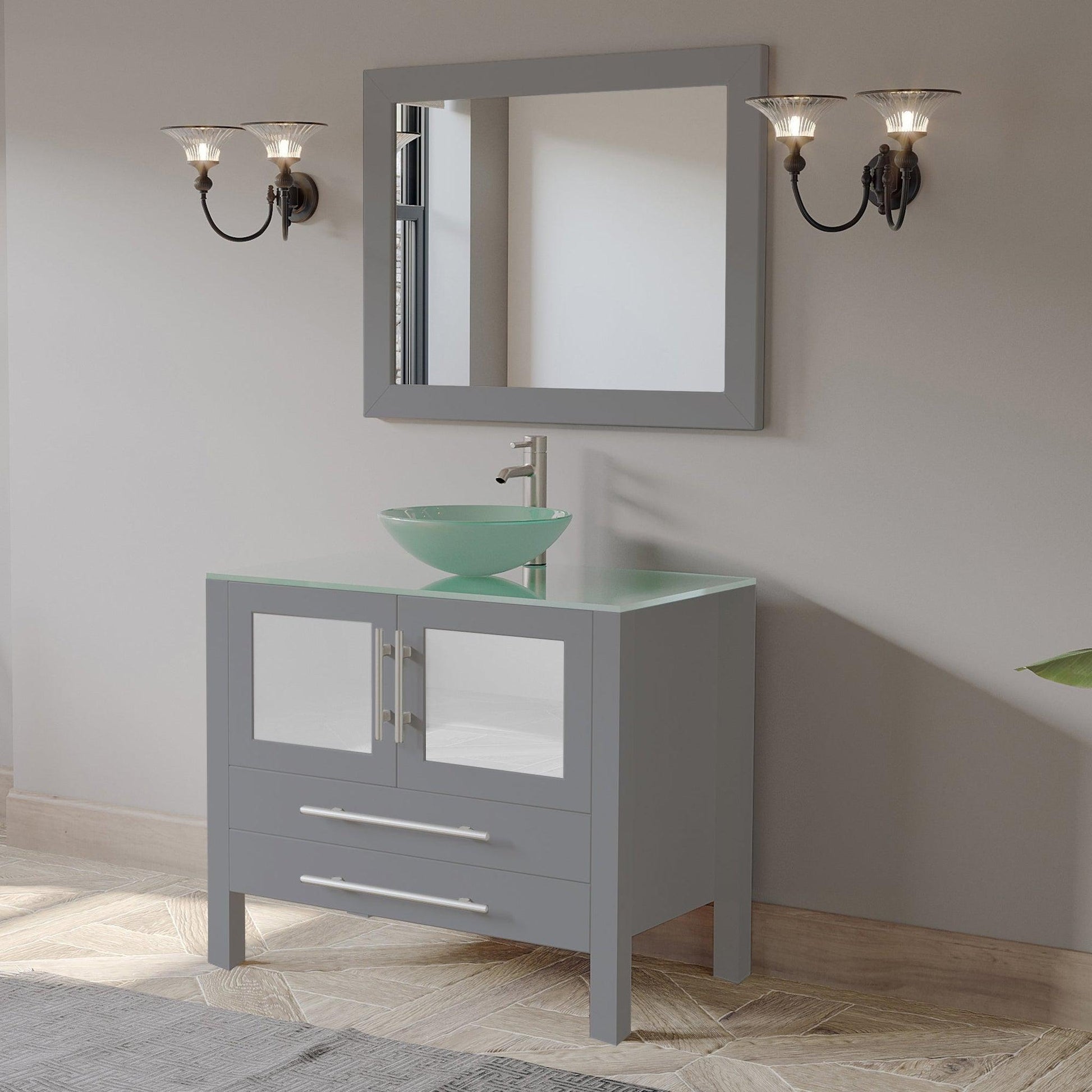 Cambridge Plumbing 36" Gray Wood Single Vanity Set With Tempered Glass Countertop And Circular Vessel Sink With Brushed Nickel Plumbing Finish