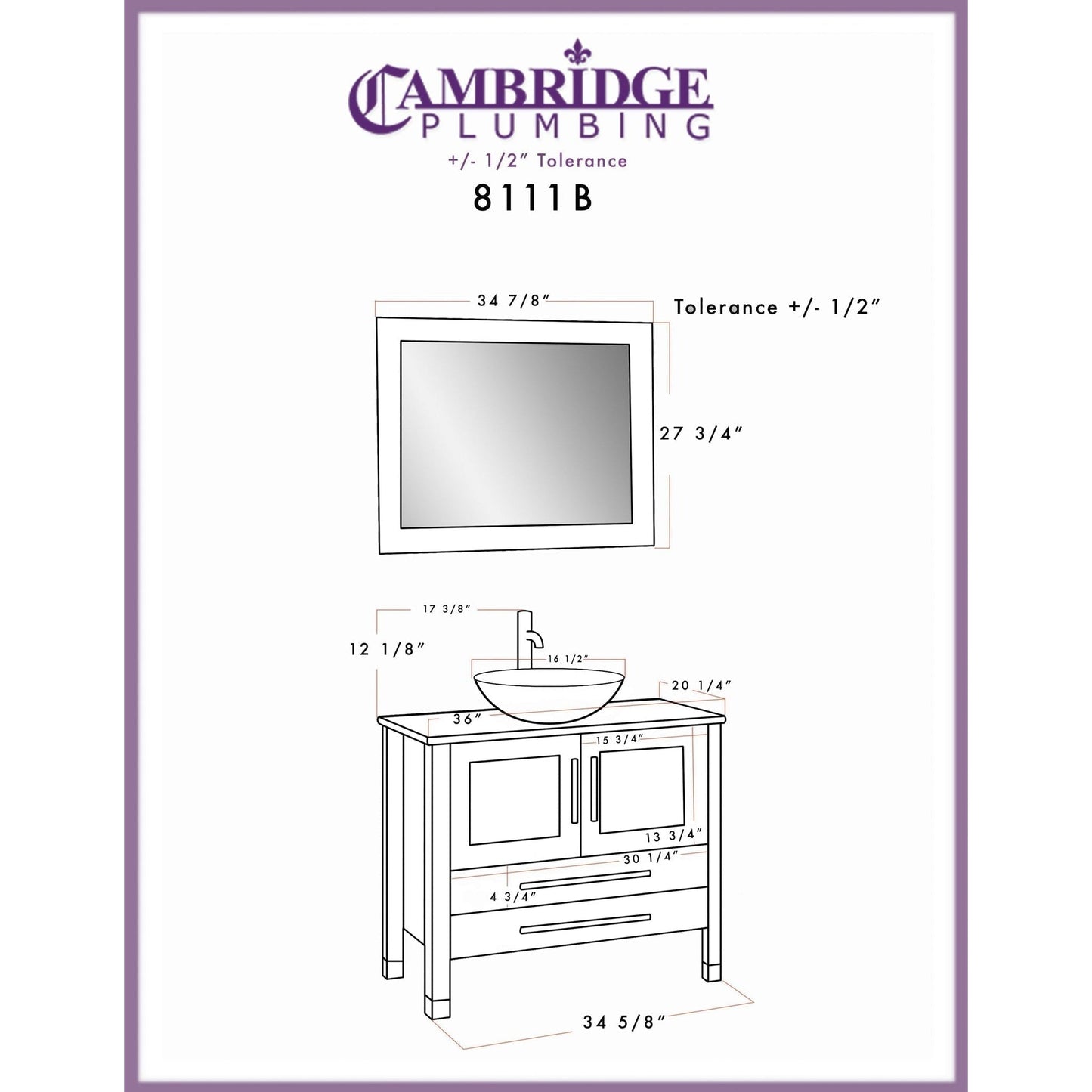 Cambridge Plumbing 36" Gray Wood Single Vanity Set With Tempered Glass Countertop And Circular Vessel Sink With Brushed Nickel Plumbing Finish