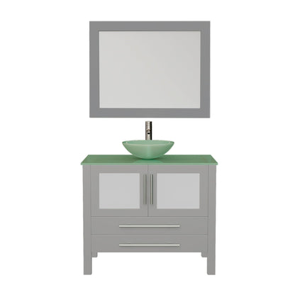 Cambridge Plumbing 36" Gray Wood Single Vanity Set With Tempered Glass Countertop And Circular Vessel Sink With Brushed Nickel Plumbing Finish