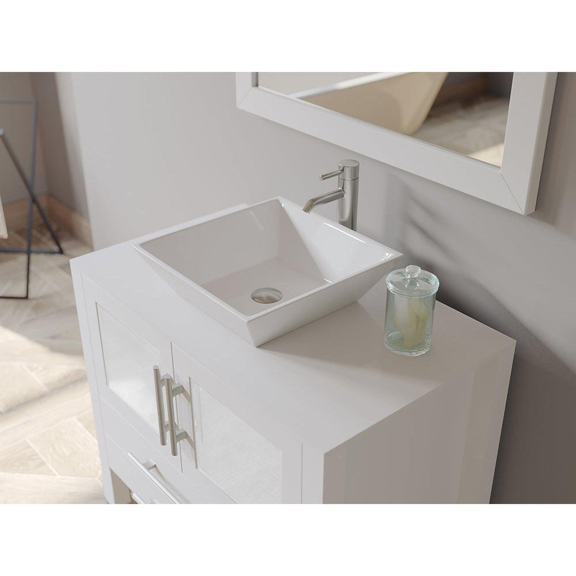 Cambridge Plumbing 36" White Wood Single Vanity Set With Porcelain Countertop And Square Vessel Sink With Brushed Nickel Plumbing Finish