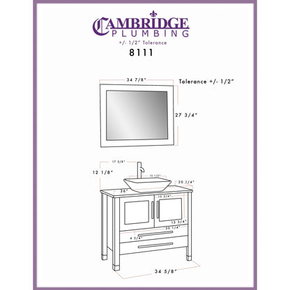 Cambridge Plumbing 36" White Wood Single Vanity Set With Porcelain Countertop And Square Vessel Sink With Brushed Nickel Plumbing Finish